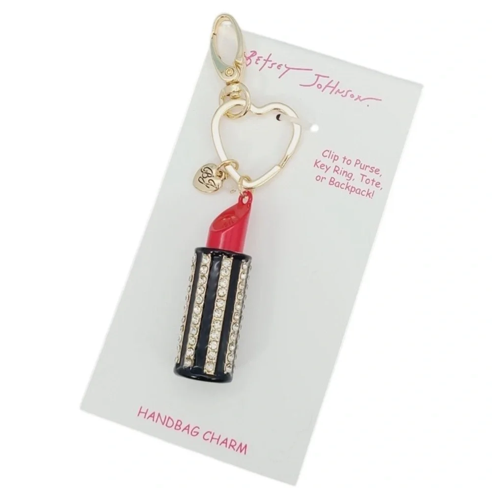 BETSEY JOHNSON Fire Engine Red Lipstick Crystal-Studded Bag Charm Keychain NWT